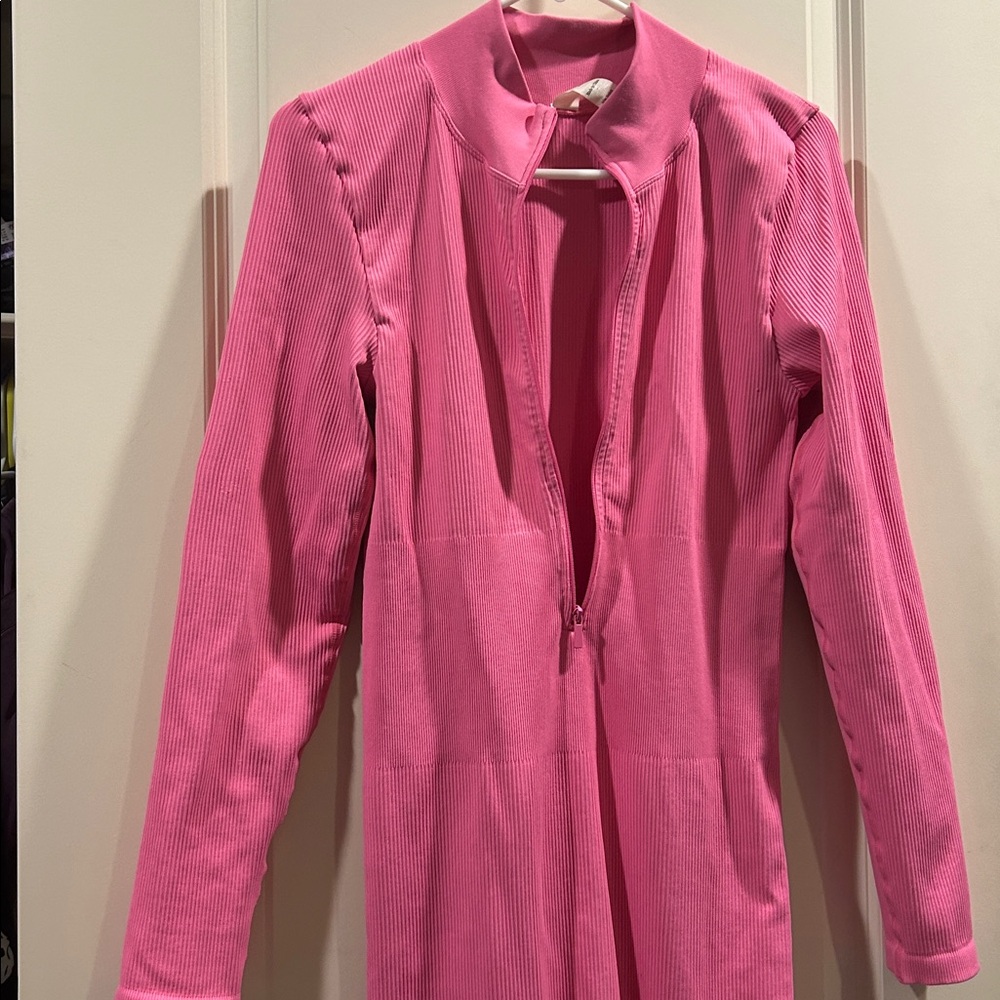 No Brand one piece ZipUp Pink BodyCon ribbed Jumpsuit long sleeve women size XL